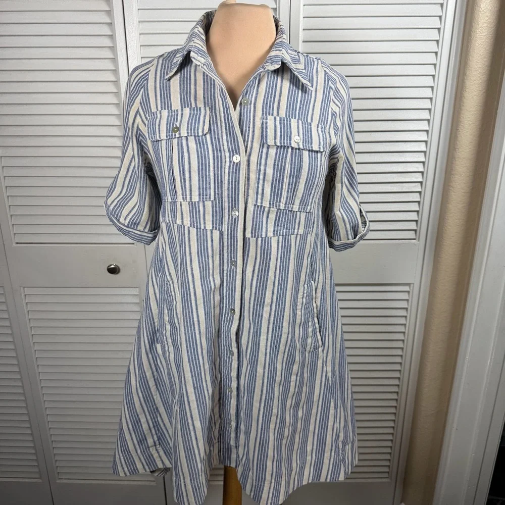 Heroes & Dreamers Striped Linen Blend Shirt Dress | Blue & Cream | Size S